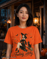 Feeling Witchy Halloween T-Shirt — Gildan 2000 Orange — female model