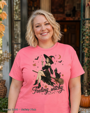 Feeling Witchy Halloween T-Shirt — Gildan 2000 Safety Pink — female model