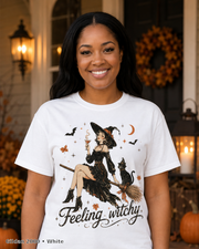 Feeling Witchy Halloween T-Shirt — Gildan 2000 White — female model
