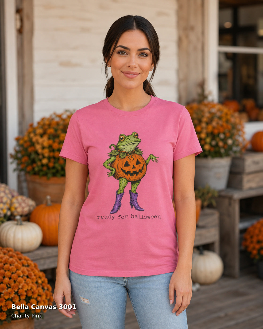 Bella Canvas 3001 — Charity Pink — Female model — Ready for Halloween Frog Pumpkin Cowgirl T-Shirt