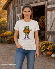 Bella Canvas 3001 — Heather Dust — Female model — Ready for Halloween Frog Pumpkin Cowgirl T-Shirt