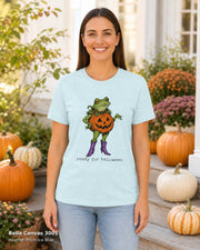 Bella Canvas 3001 — Heather Prism Ice Blue — Female model — Ready for Halloween Frog Pumpkin Cowgirl T-Shirt