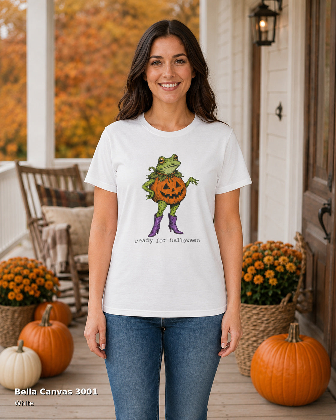 Bella Canvas 3001 — White — Female model — Ready for Halloween Frog Pumpkin Cowgirl T-Shirt