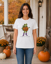 Bella Canvas 3001 — White — Female model — Ready for Halloween Frog Pumpkin Cowgirl T-Shirt