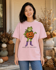 Comfort Colors 1717 — Blossom — Female model — Ready for Halloween Frog Pumpkin Cowgirl T-Shirt