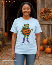 Comfort Colors 1717 — Chambray — Female model — Ready for Halloween Frog Pumpkin Cowgirl T-Shirt