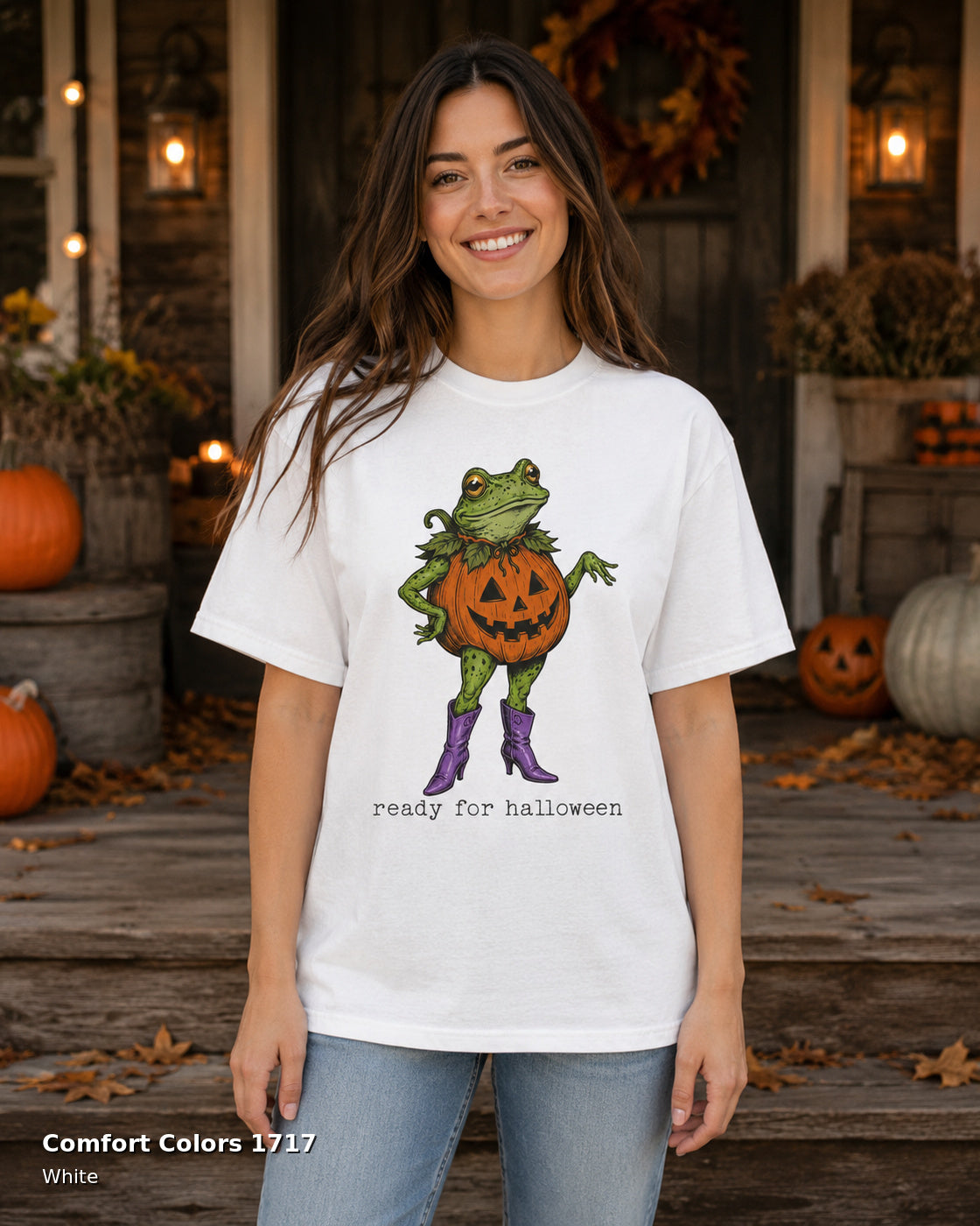 Comfort Colors 1717 — White — Female model — Ready for Halloween Frog Pumpkin Cowgirl T-Shirt