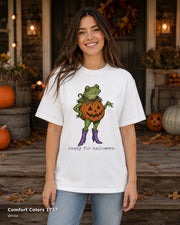 Comfort Colors 1717 — White — Female model — Ready for Halloween Frog Pumpkin Cowgirl T-Shirt