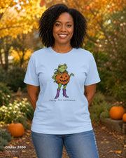 Gildan 2000 — Light Blue — Female model — Ready for Halloween Frog Pumpkin Cowgirl T-Shirt