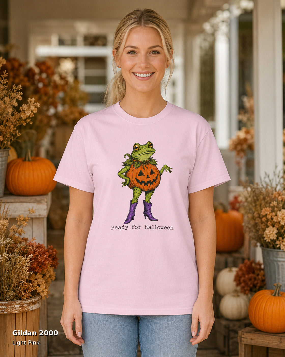 Gildan 2000 — Light Pink — Female model — Ready for Halloween Frog Pumpkin Cowgirl T-Shirt