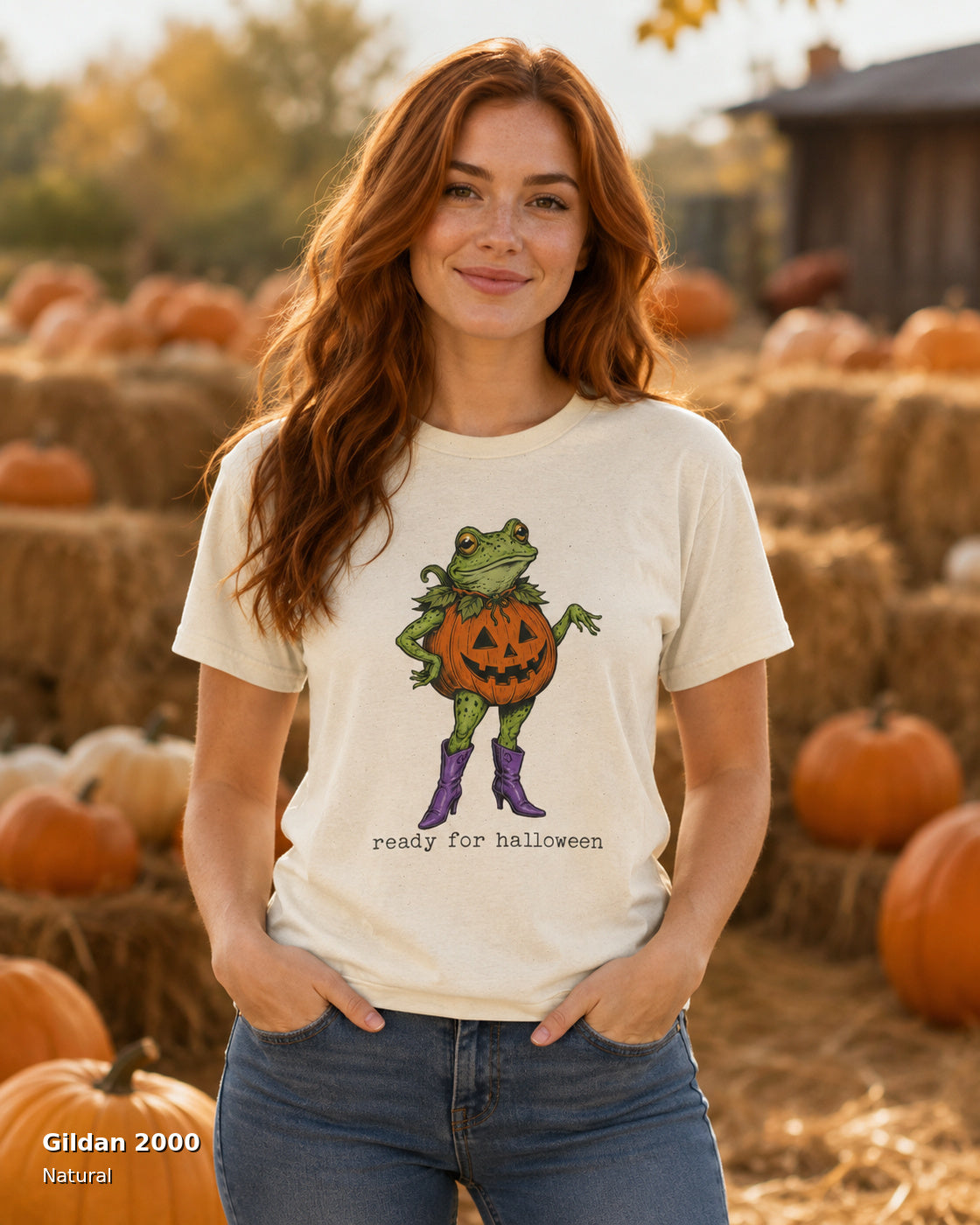 Gildan 2000 — Natural — Female model — Ready for Halloween Frog Pumpkin Cowgirl T-Shirt