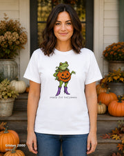 Gildan 2000 — White — Female model — Ready for Halloween Frog Pumpkin Cowgirl T-Shirt