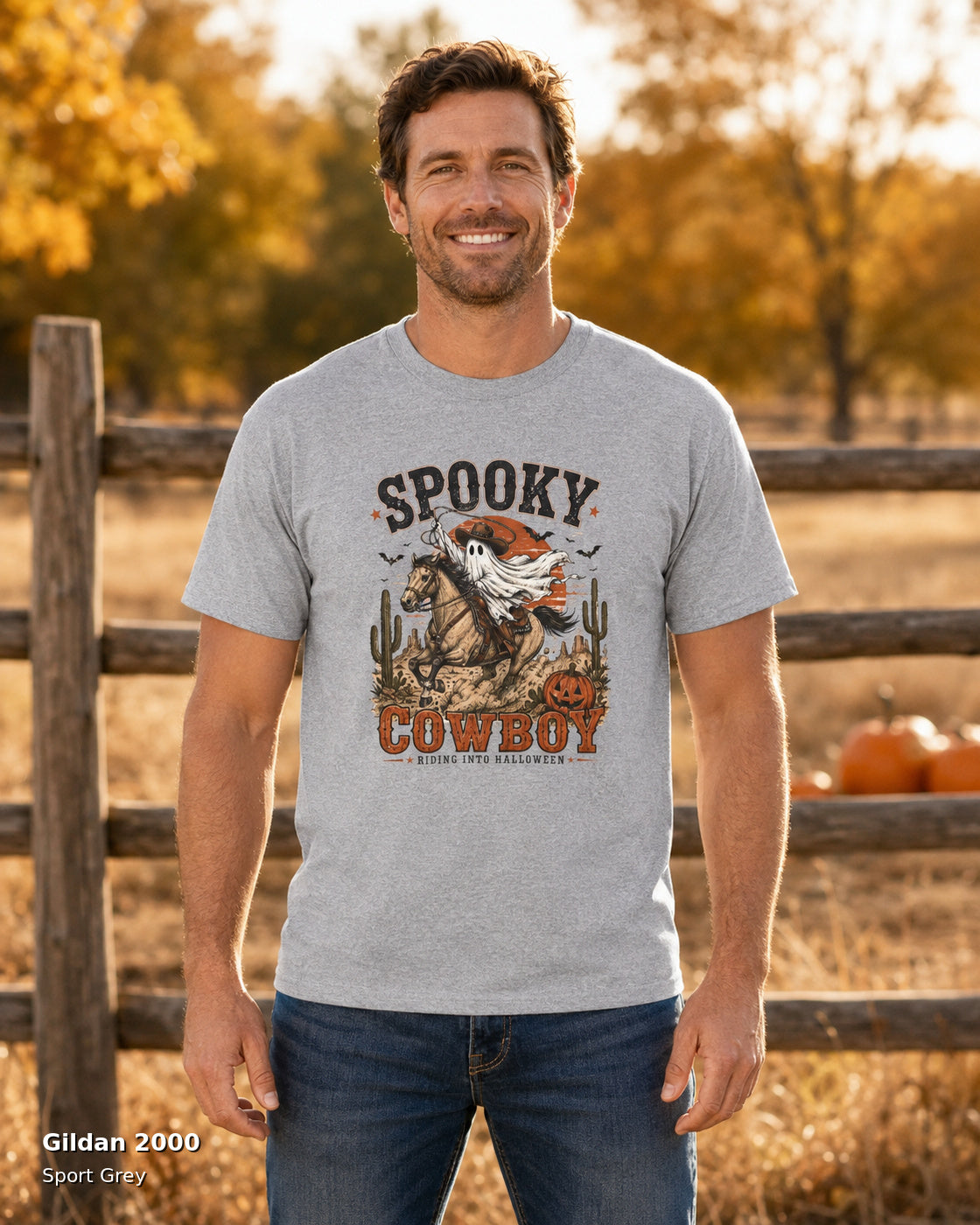 Gildan 2000 — Sport Grey — Male model — Spooky Cowboy T-Shirt