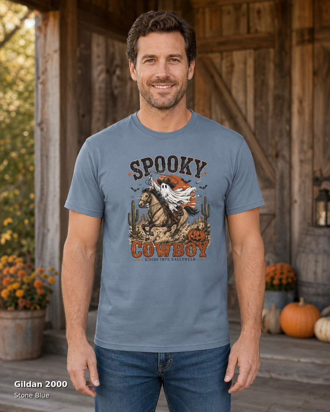 Gildan 2000 — Stone Blue — Male model — Spooky Cowboy T-Shirt