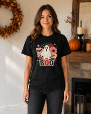 Gildan 2000 Black — centered female model wearing Retro BOO Ghost Floral Halloween T-Shirt