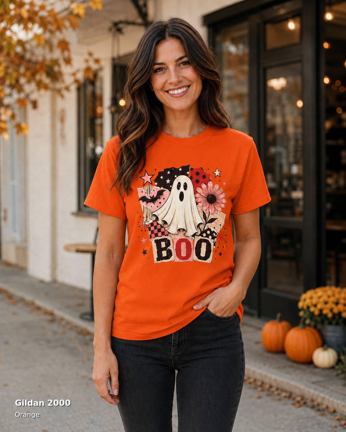 Gildan 2000 Orange — centered female model wearing Retro BOO Ghost Floral Halloween T-Shirt