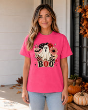 Gildan 2000 Safety Pink — centered female model wearing Retro BOO Ghost Floral Halloween T-Shirt