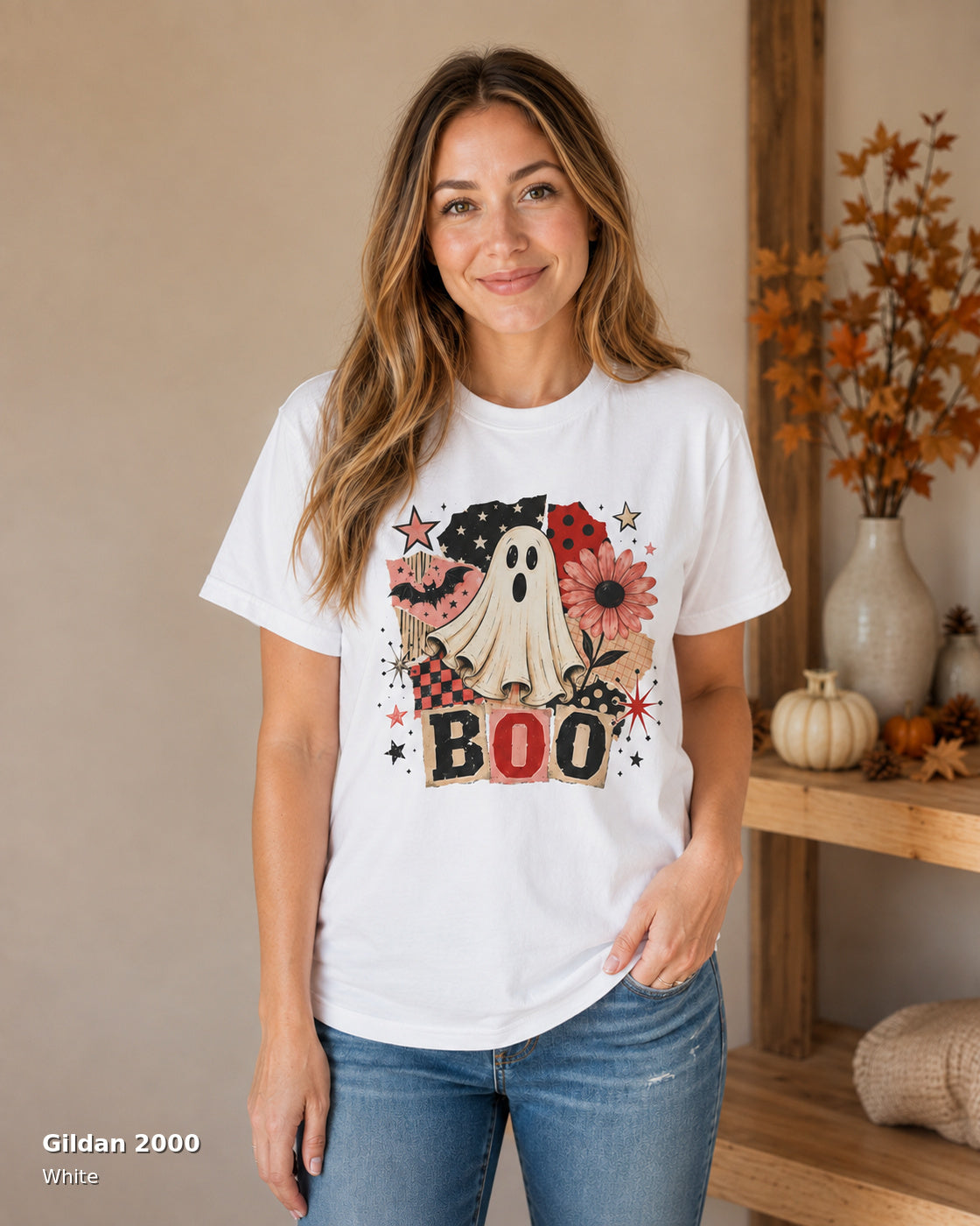 Gildan 2000 White — centered female model wearing Retro BOO Ghost Floral Halloween T-Shirt