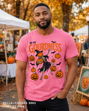 Male model wearing Oh My Gourdness Halloween skeleton T-shirt - Bella+Canvas 3001 - Charity Pink