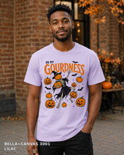 Male model wearing Oh My Gourdness Halloween skeleton T-shirt - Bella+Canvas 3001 - Lilac