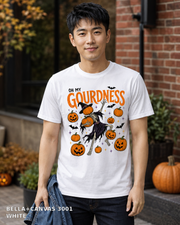 Male model wearing Oh My Gourdness Halloween skeleton T-shirt - Bella+Canvas 3001 - White