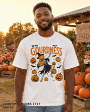 Male model wearing Oh My Gourdness Halloween skeleton T-shirt - Comfort Colors 1717 - White