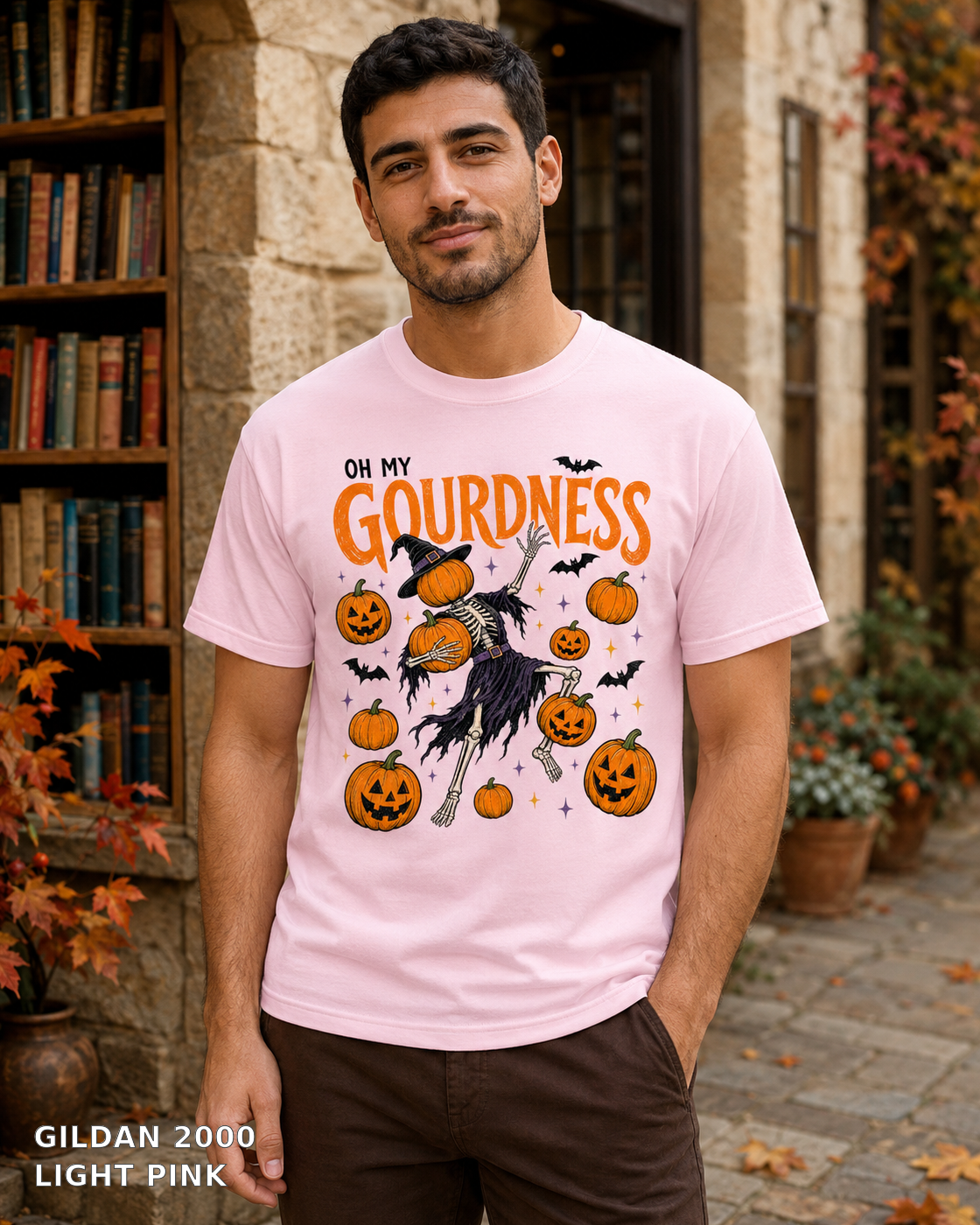 Male model wearing Oh My Gourdness Halloween skeleton T-shirt - Gildan 2000 - Light Pink