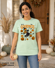 Female model wearing Oh My Gourdness Halloween skeleton T-shirt - Gildan 2000 - Mint Green