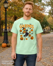 Male model wearing Oh My Gourdness Halloween skeleton T-shirt - Gildan 2000 - Mint Green