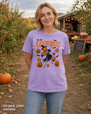 Female model wearing Oh My Gourdness Halloween skeleton T-shirt - Gildan 2000 - Orchid