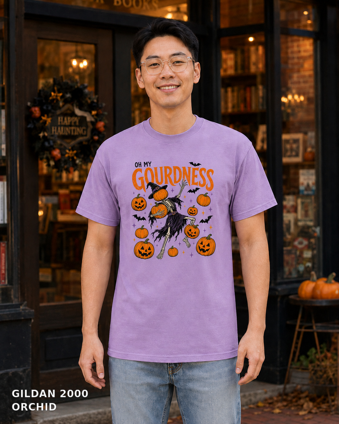 Male model wearing Oh My Gourdness Halloween skeleton T-shirt - Gildan 2000 - Orchid