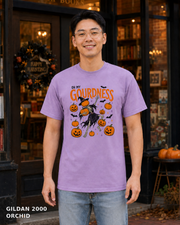 Male model wearing Oh My Gourdness Halloween skeleton T-shirt - Gildan 2000 - Orchid