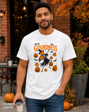 Male model wearing Oh My Gourdness Halloween skeleton T-shirt - Gildan 2000 - White
