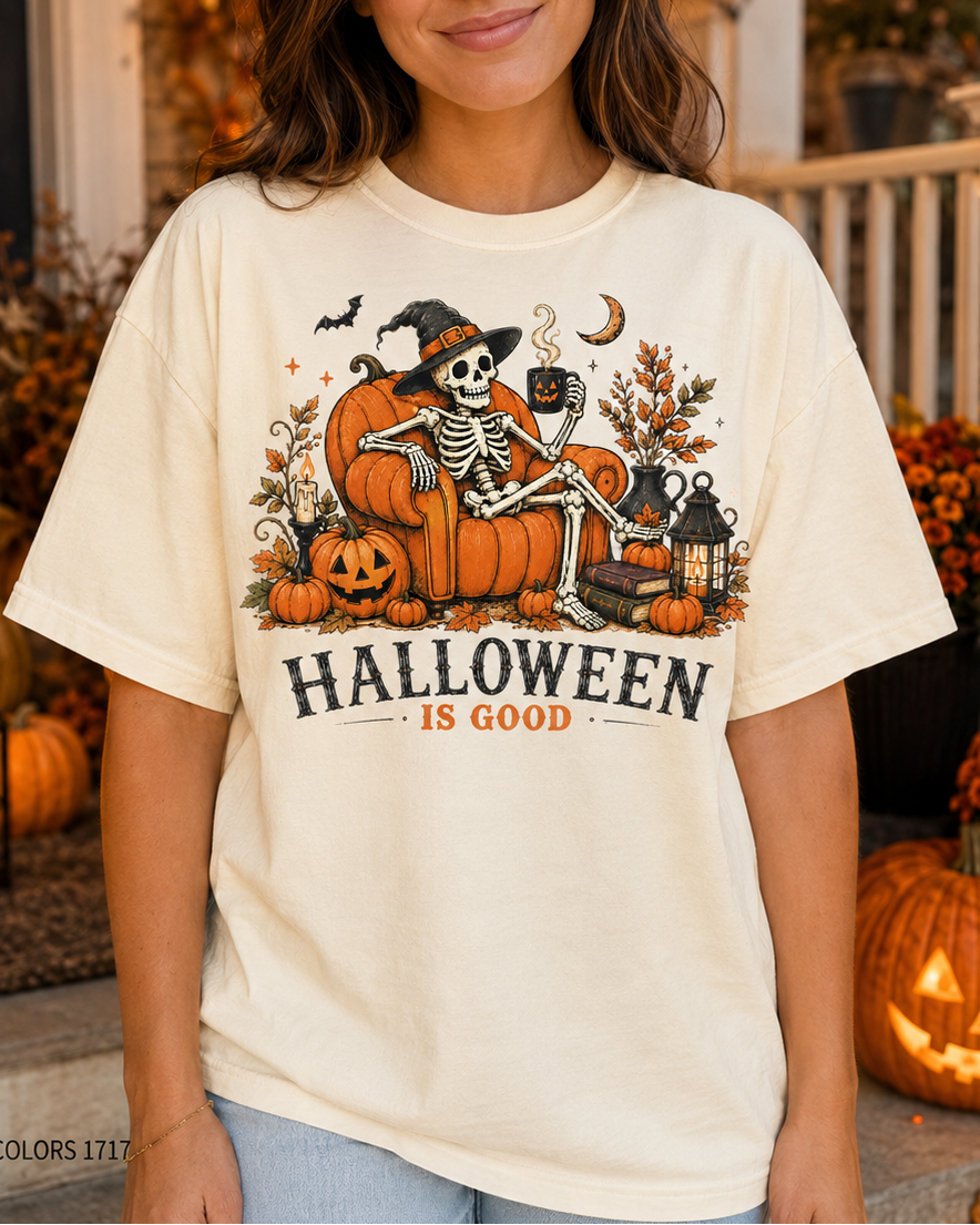 Halloween Is Good Skeleton Pumpkin Chair Halloween T-Shirt