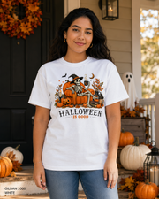 Female model wearing the Gildan 2000 White Halloween Is Good skeleton pumpkin chair T-shirt
