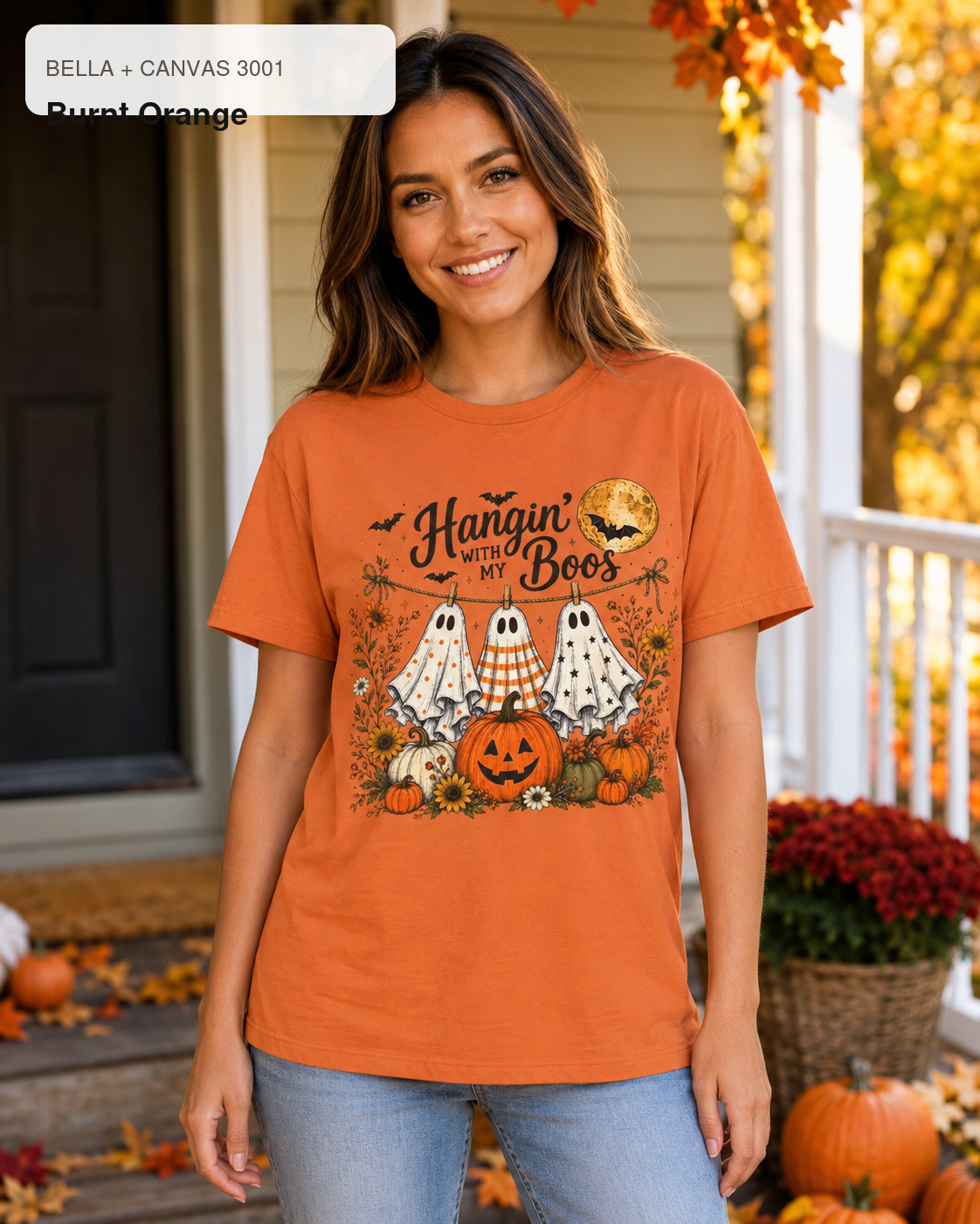Hangin' with My Boos Halloween T-shirt – Bella Canvas 3001 Burnt Orange – female model