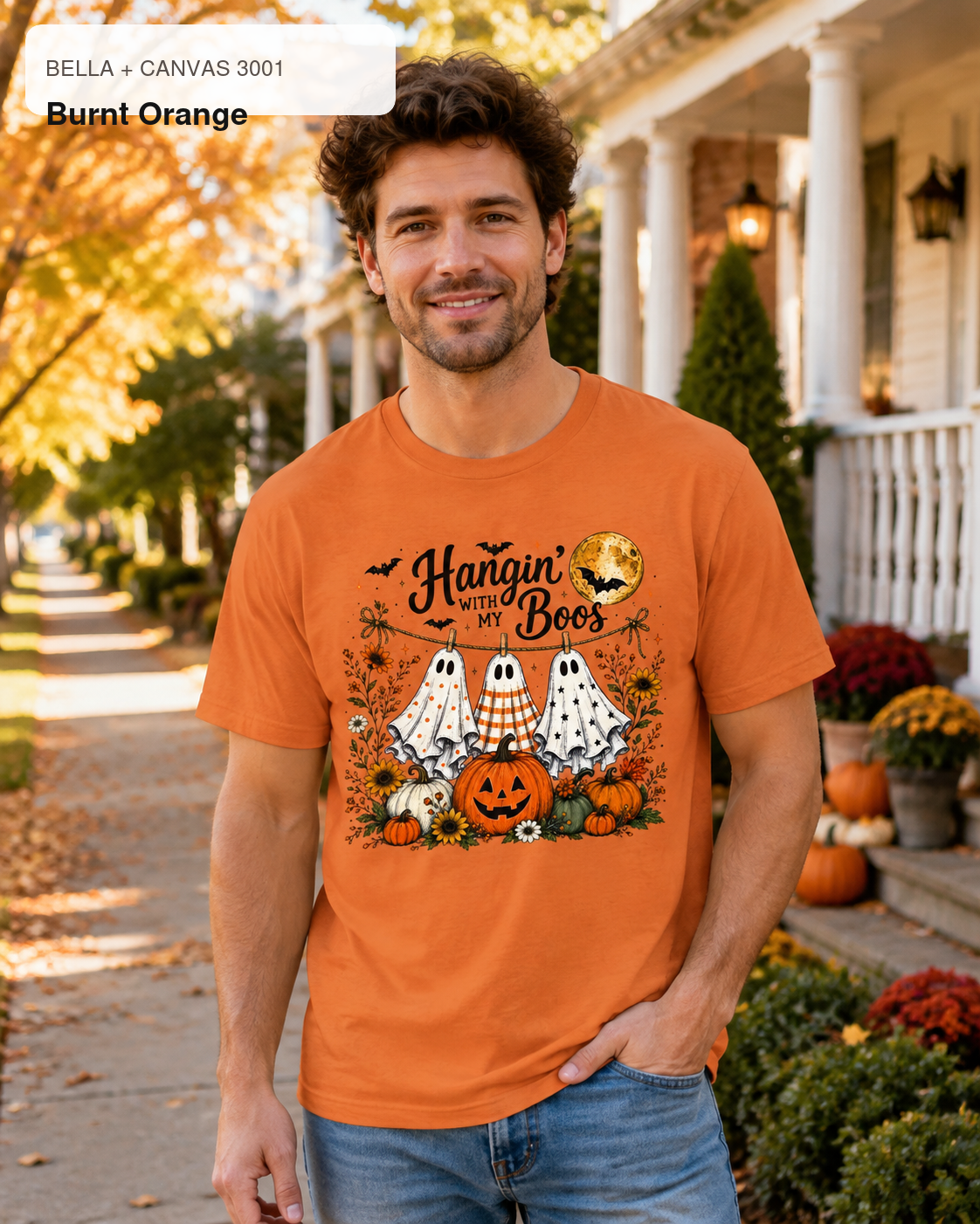 Hangin' with My Boos Halloween T-shirt – Bella Canvas 3001 Burnt Orange – male model