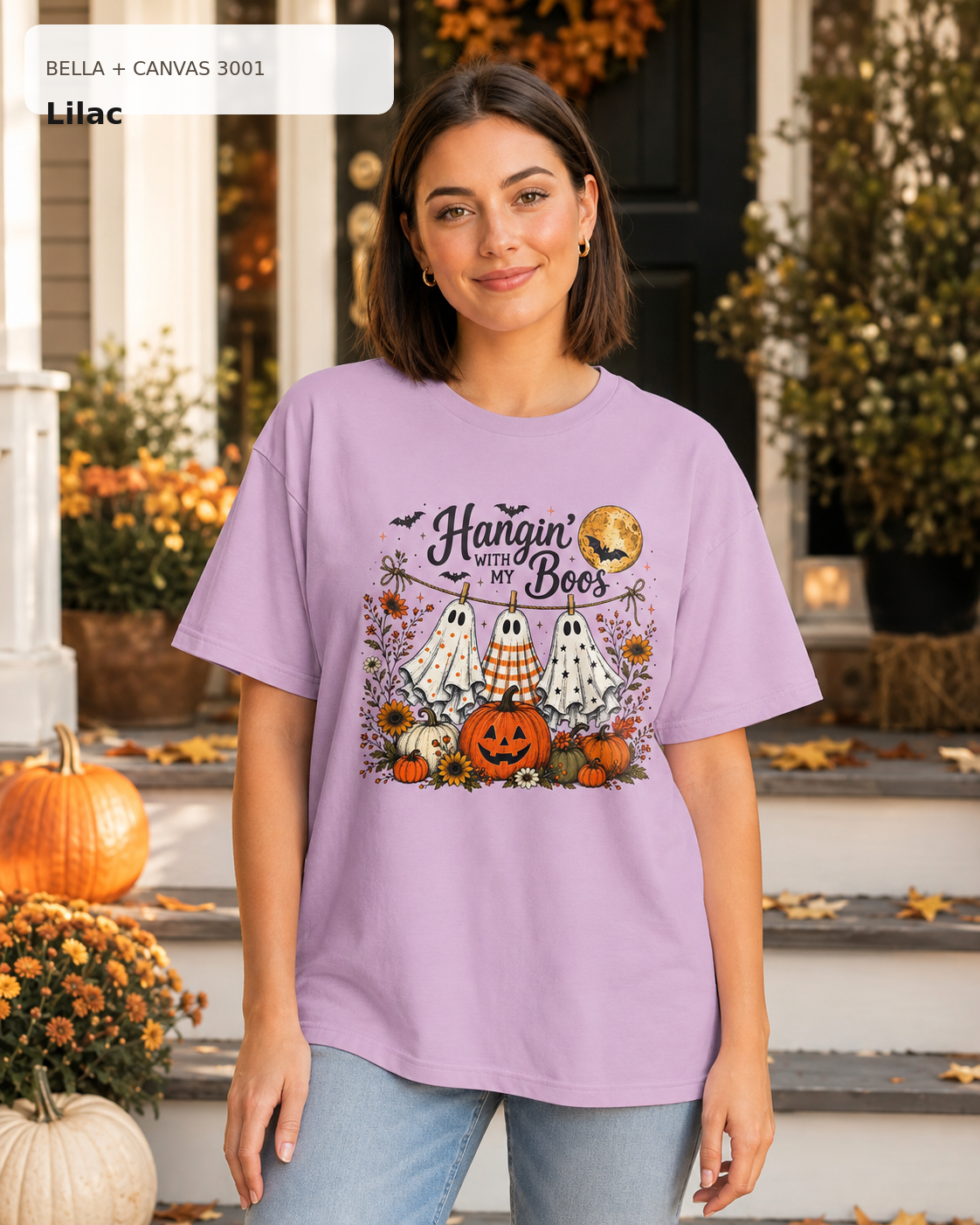 Hangin' with My Boos Halloween T-shirt – Bella Canvas 3001 Lilac – female model