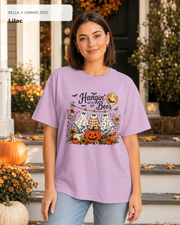 Hangin' with My Boos Halloween T-shirt – Bella Canvas 3001 Lilac – female model