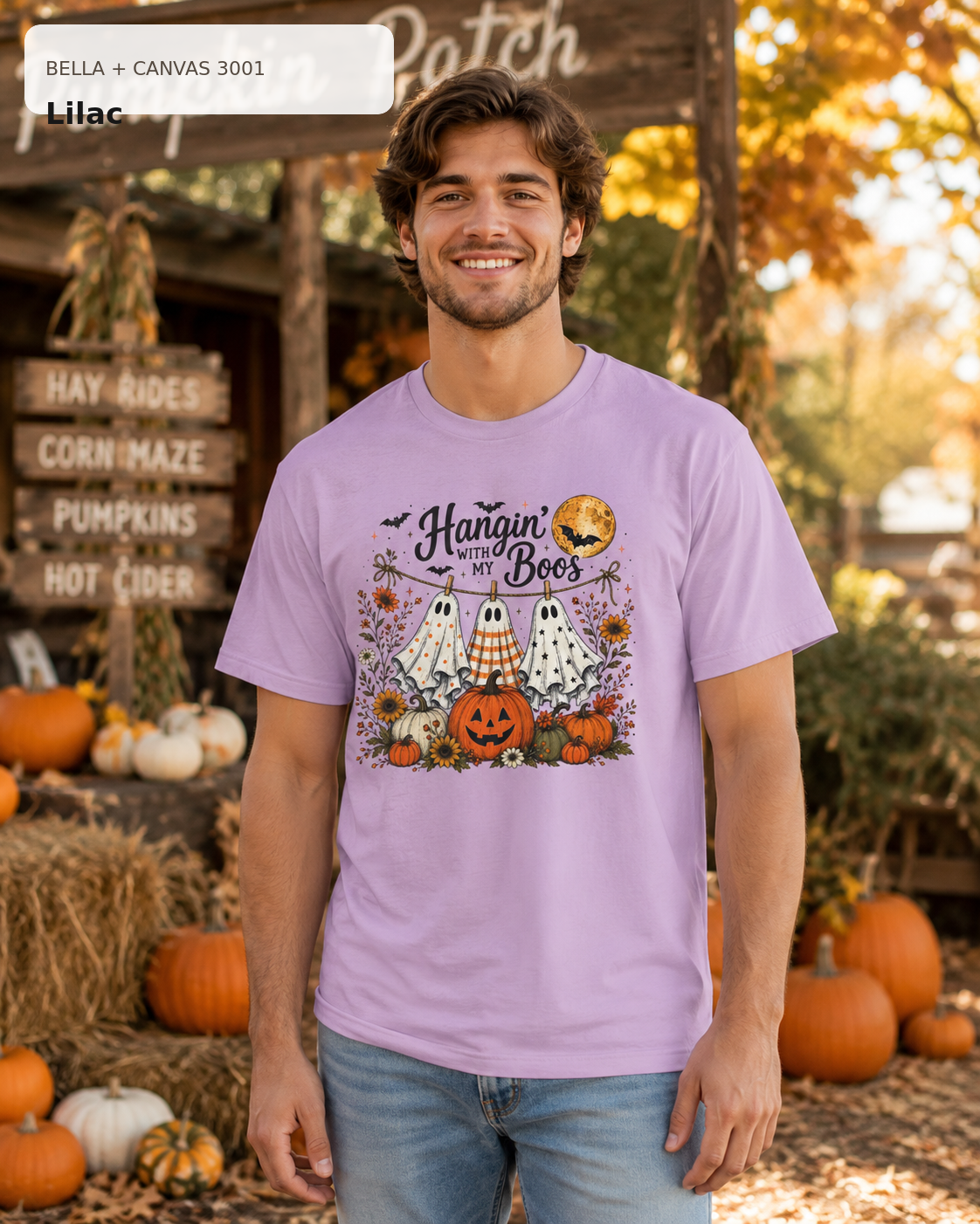 Hangin' with My Boos Halloween T-shirt – Bella Canvas 3001 Lilac – male model