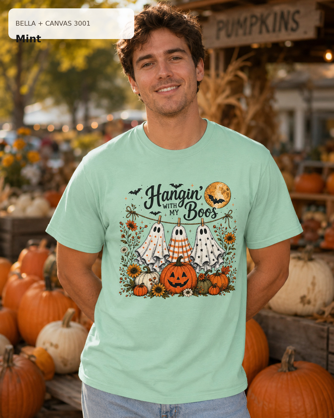 Hangin' with My Boos Halloween T-shirt – Bella Canvas 3001 Mint – male model