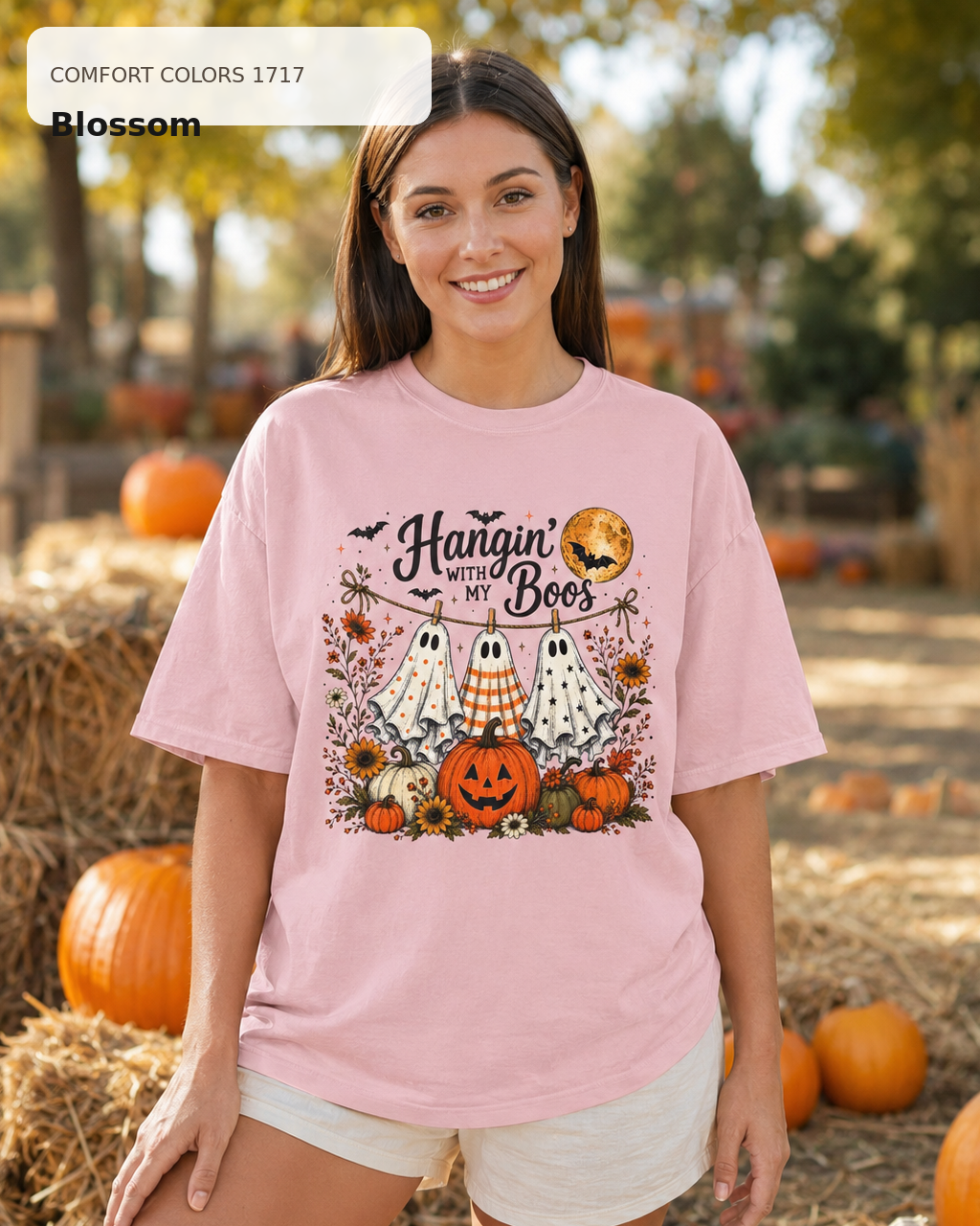 Hangin' with My Boos Halloween T-shirt – Comfort Colors 1717 Blossom – female model