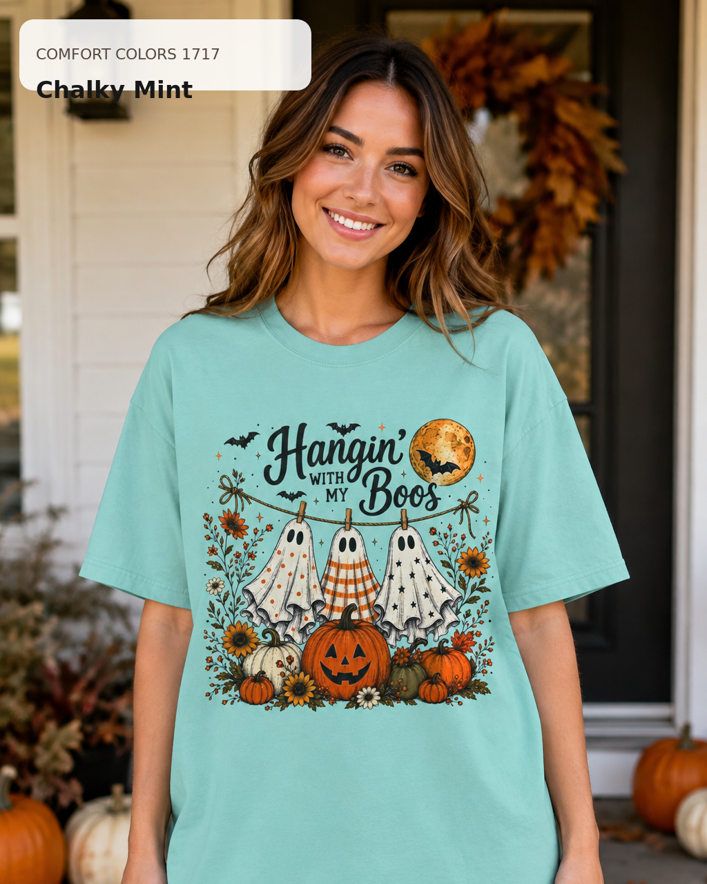 Hangin' with My Boos Halloween T-shirt – Comfort Colors 1717 Chalky Mint – female model