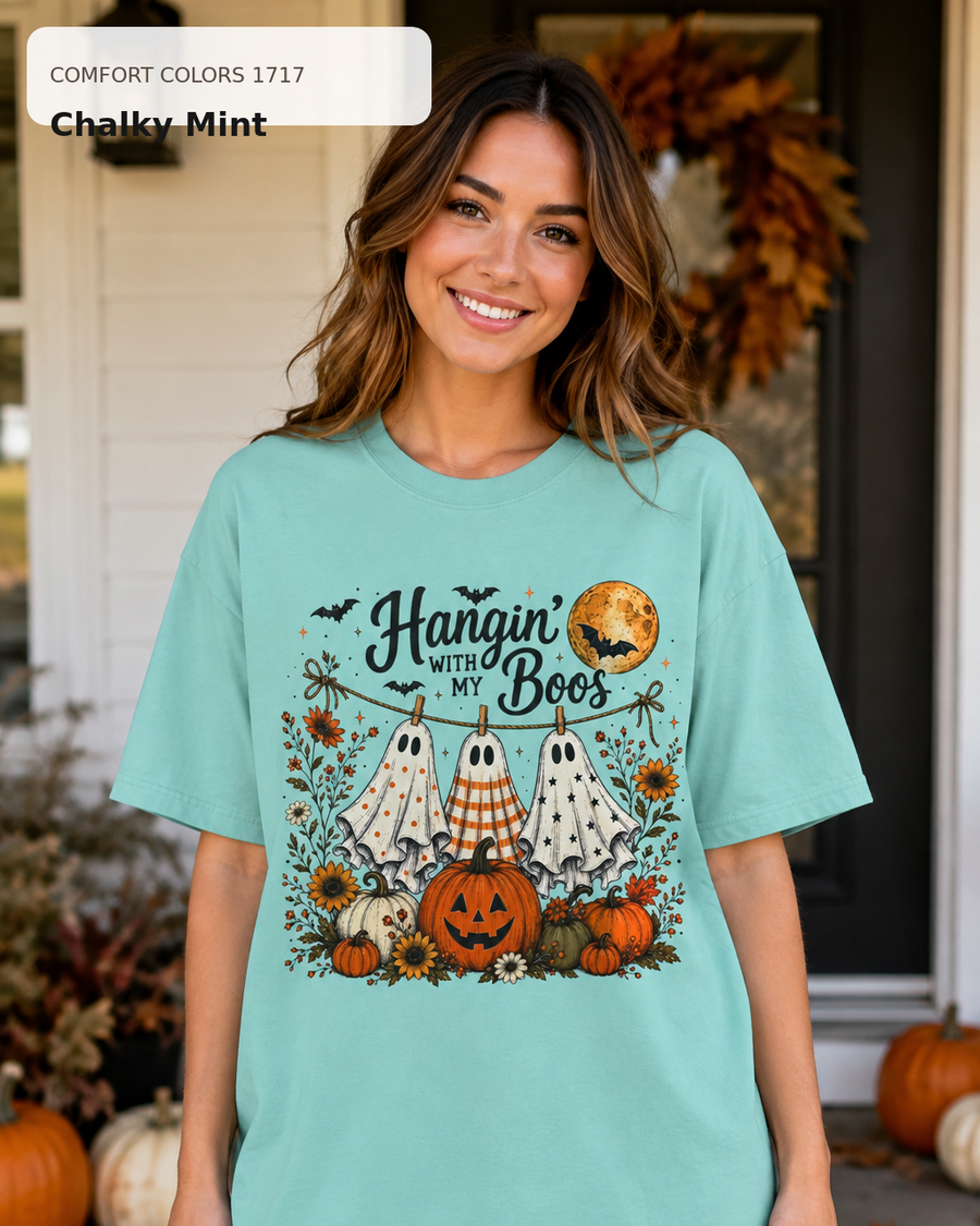 Hangin' with My Boos Halloween T-shirt – Comfort Colors 1717 Chalky Mint – female model