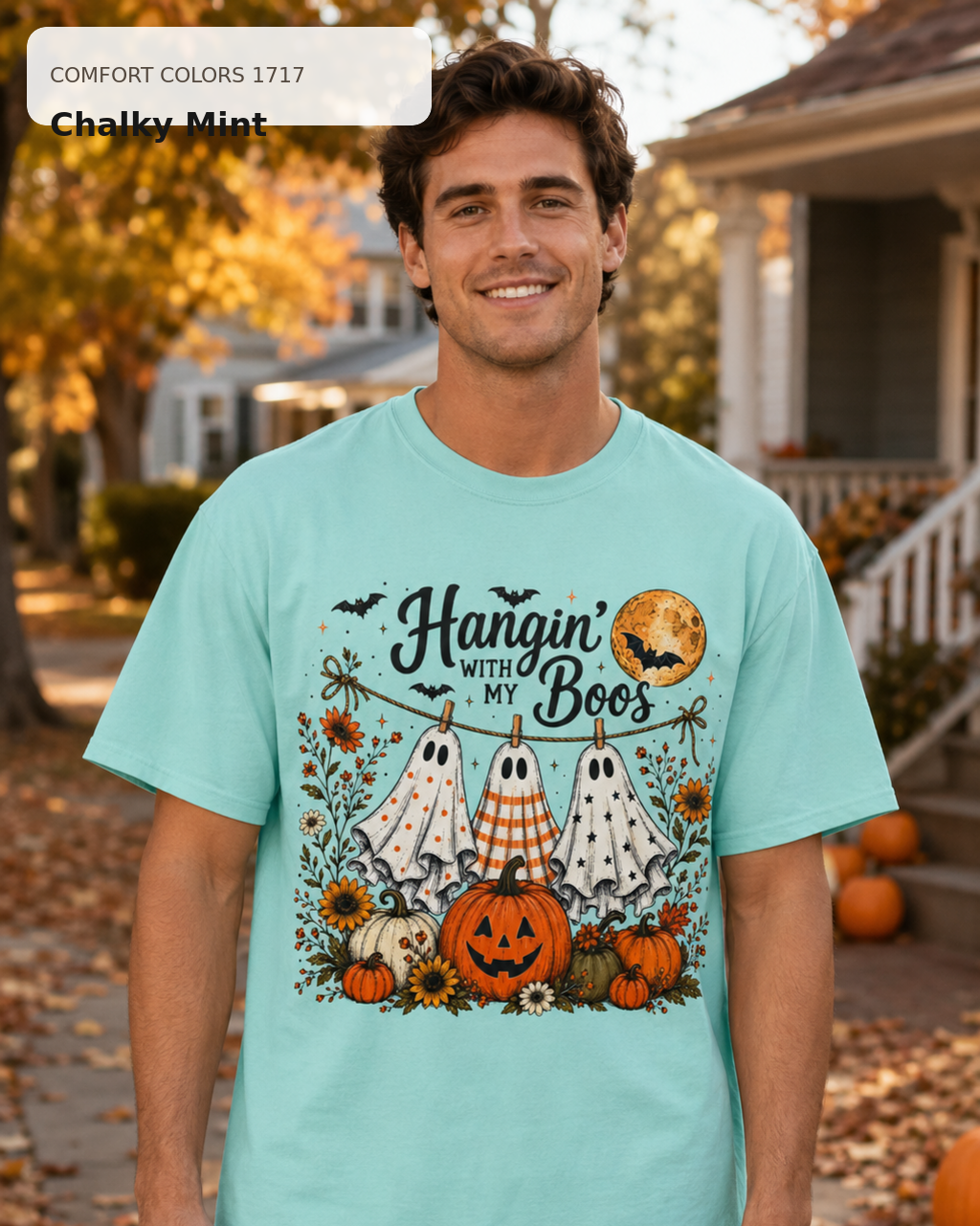 Hangin' with My Boos Halloween T-shirt – Comfort Colors 1717 Chalky Mint – male model