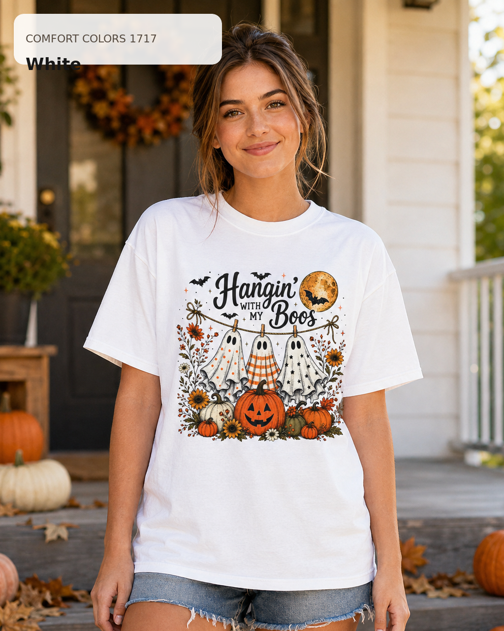 Hangin' with My Boos Halloween T-shirt – Comfort Colors 1717 White – female model