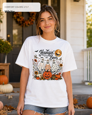 Hangin' with My Boos Halloween T-shirt – Comfort Colors 1717 White – female model