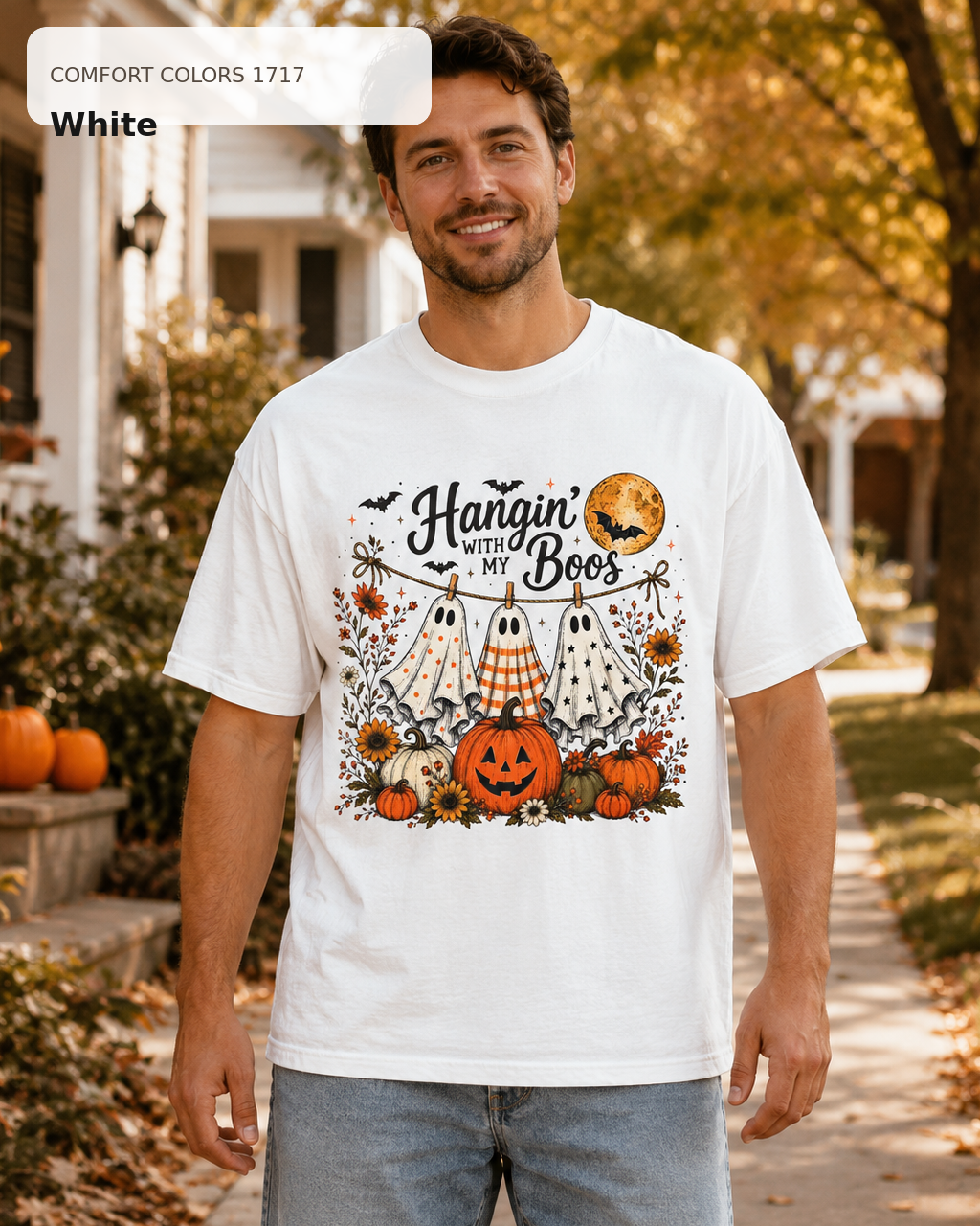 Hangin' with My Boos Halloween T-shirt – Comfort Colors 1717 White – male model