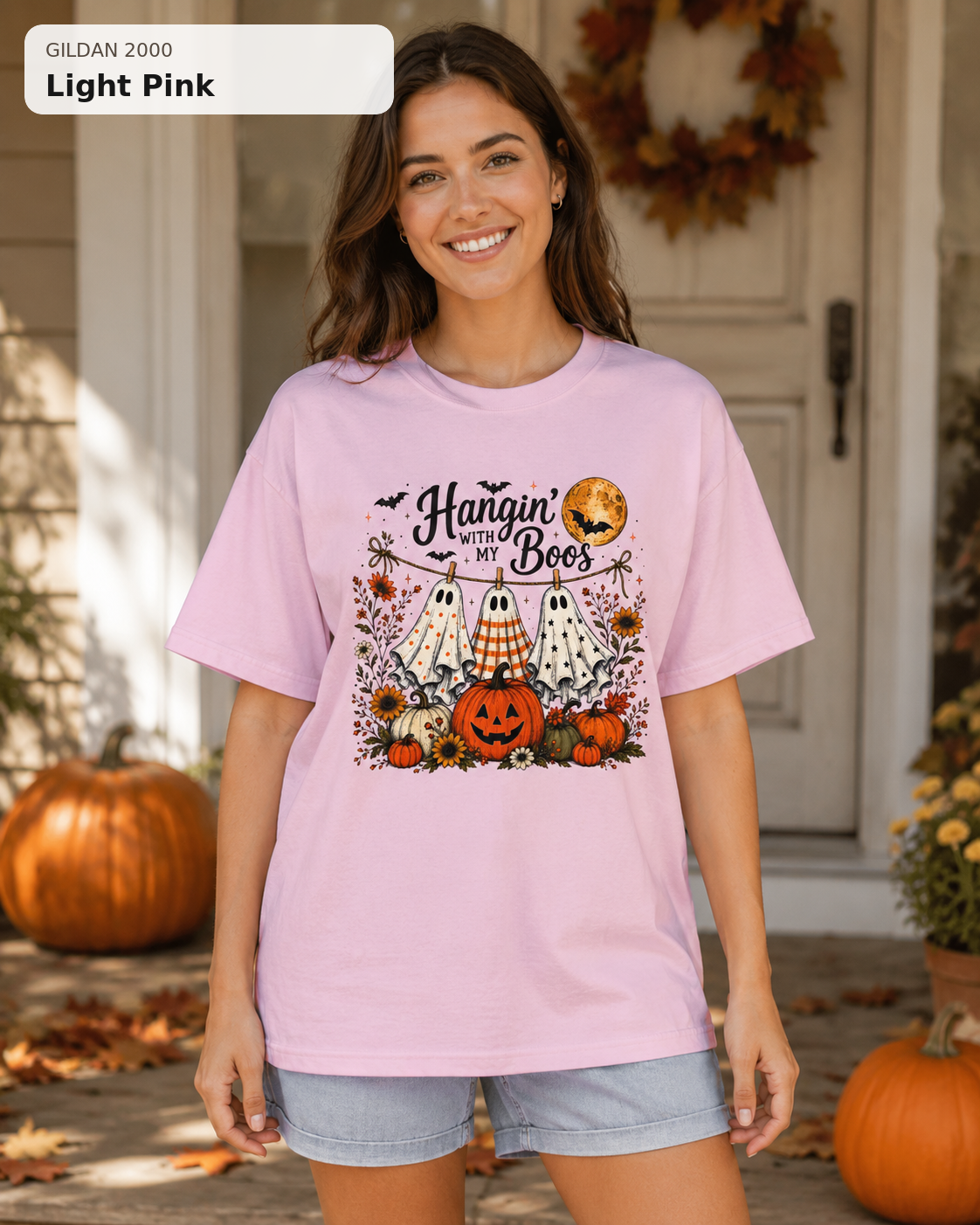 Hangin' with My Boos Halloween T-shirt – Gildan 2000 Light Pink – female model