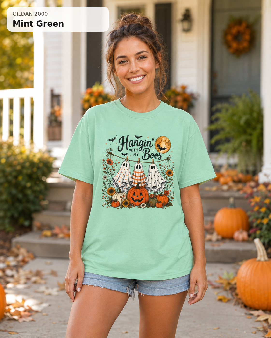 Hangin' with My Boos Halloween T-shirt – Gildan 2000 Mint Green – female model